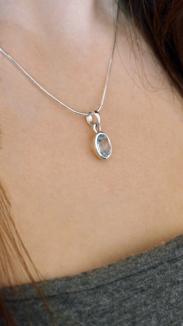 Topaz on model close up Maddox Street - Topaz Solitare Necklace Set in Silver