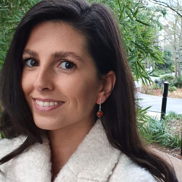 Annabelle in coat smiling, primrose earring silver Primrose Hill Earrings - Moonstone in Silver