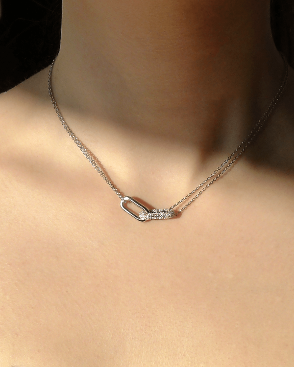 Chain Link Necklace on Model Chain Link Necklace in Rhodium Plated Silver with CZ