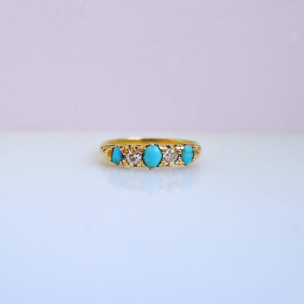 Turqoise RIng Mid 20th 18ct Gold Century Turquoise and Old-cut Diamond Five-Stone Ring